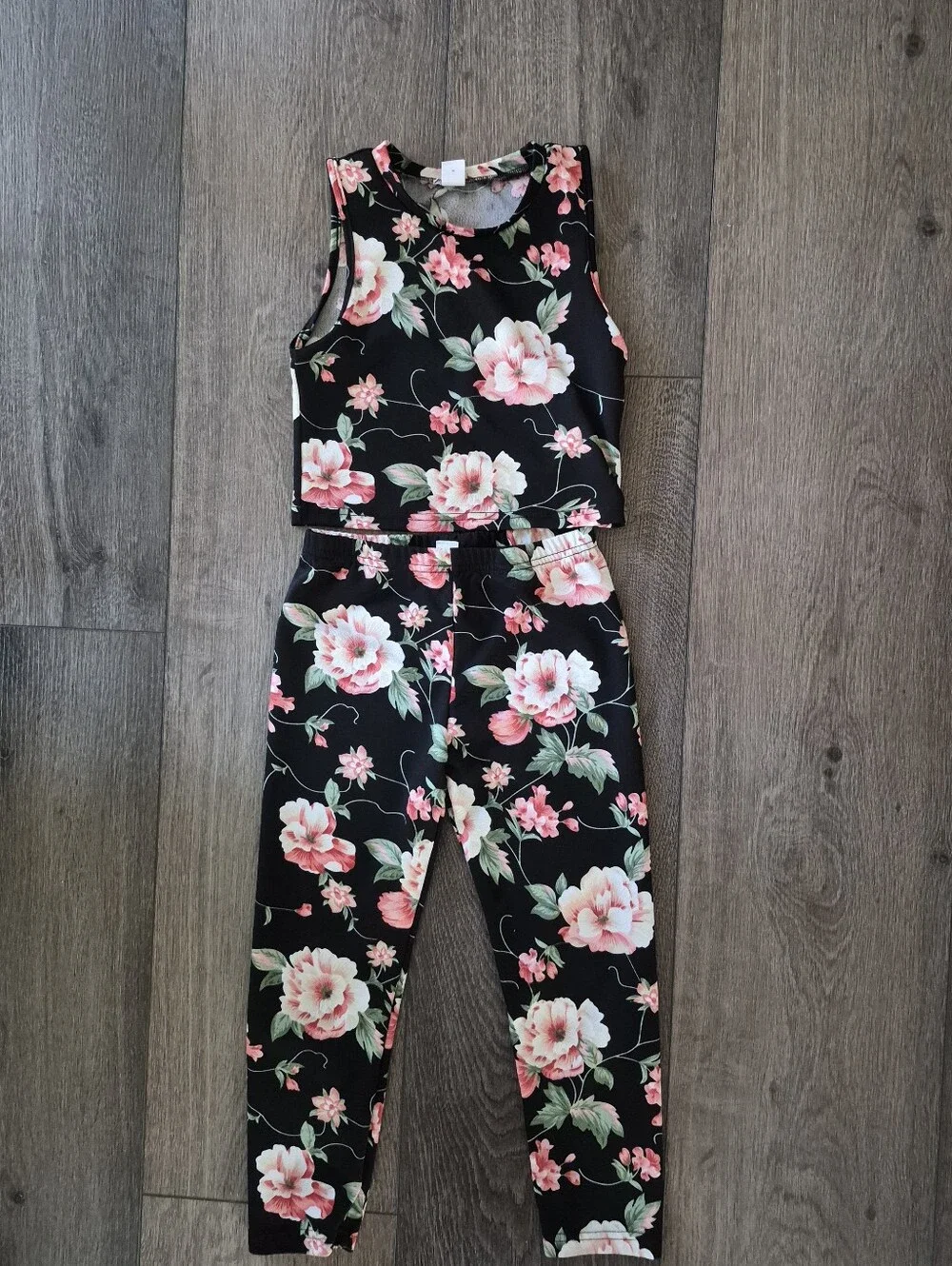 Girl's Floral Print Black Top & Bottom DET